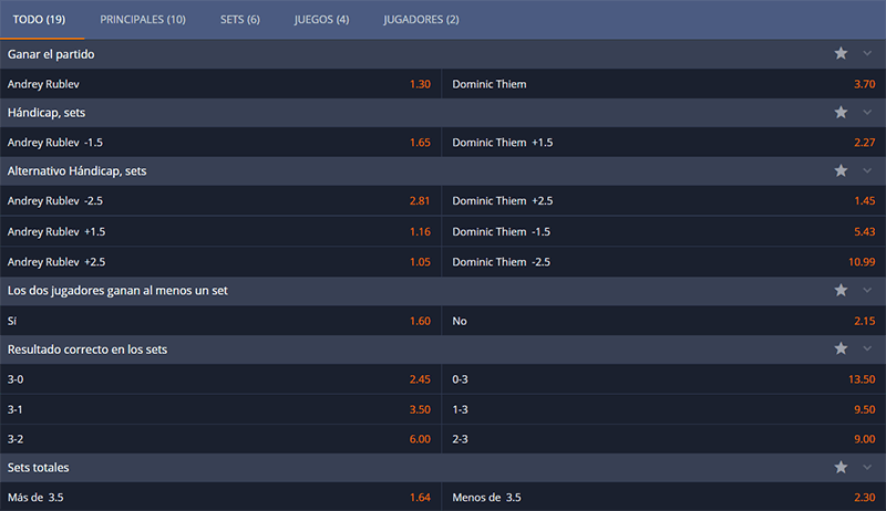 Cashalot - Mercados de Apuesta Tenis