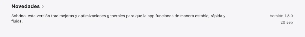 Novedades de la versión 1.8.0 en la App Store, del 28 de septiembre de 2026