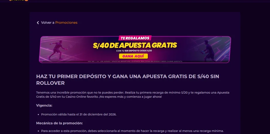 Apuesta gratis de S/ 40 sin rollover por el primer depósito en Somos Casino