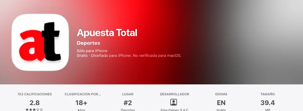 Apuesta Total App en la App Store del Perú: 2,8 estrellas, puesto 2 en Deportes y 39,4 MB