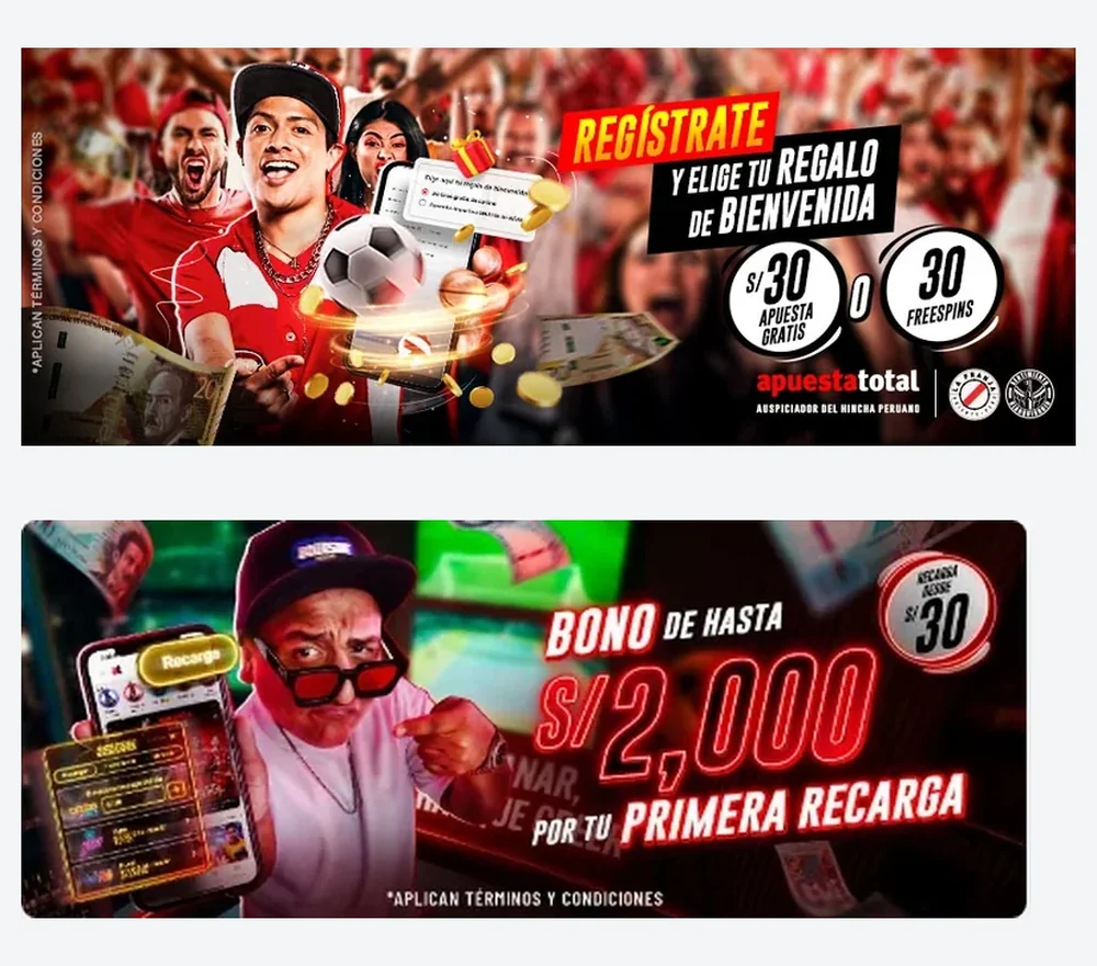 Bonos de bienvenida de Apuesta Total: S/ 30 gratis por registro y hasta S/ 2 000 en la primera recarga