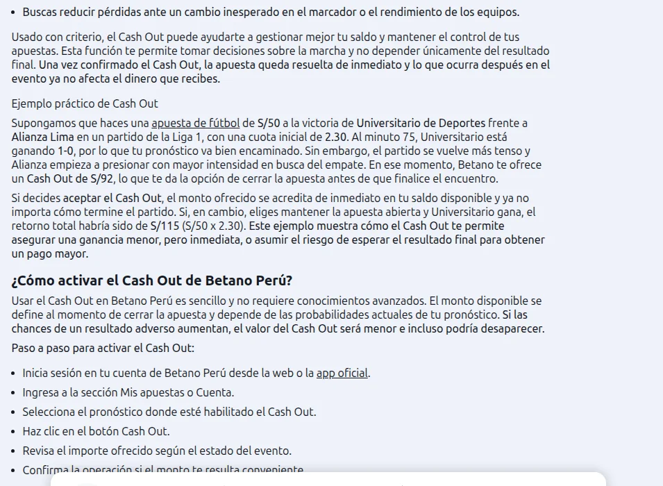 Ejemplo de Cash Out en Betano con un partido de la Liga 1