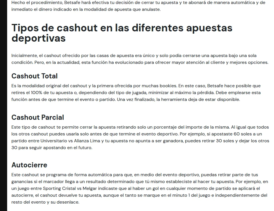 Tipos de cash out en Betsafe: total, parcial y autocierre