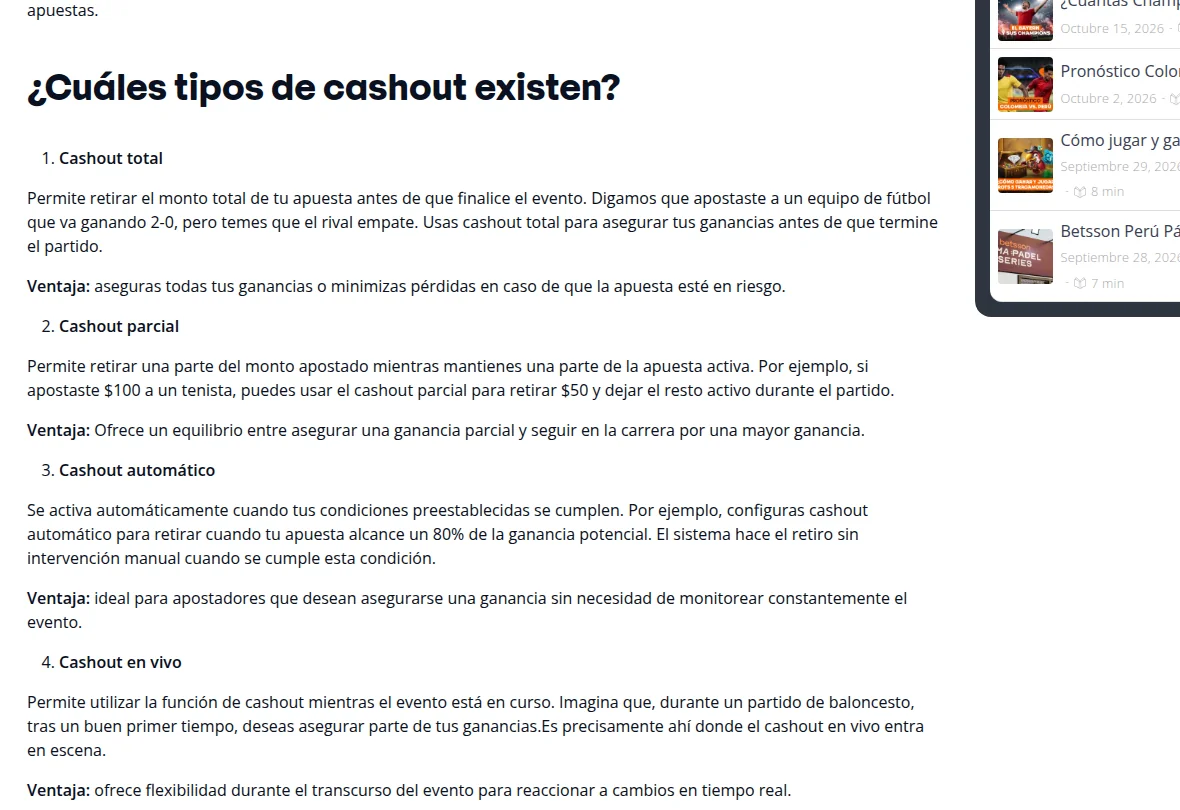 Tipos de cashout que explica Betsson: total, parcial, automático y en vivo
