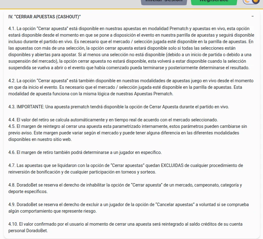 Reglas de la opción Cerrar apuesta (cash out) en los términos de Doradobet