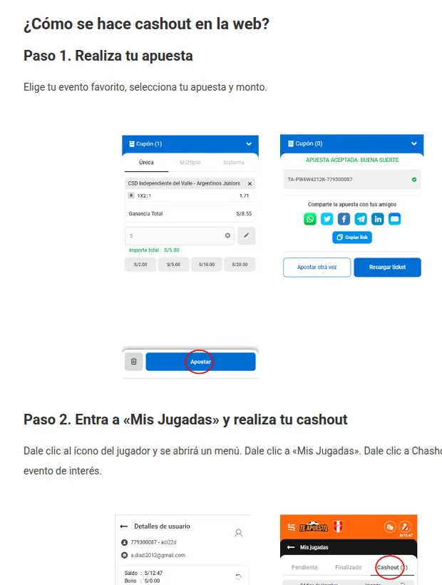 Cómo se hace cashout en Te Apuesto desde Mis Jugadas