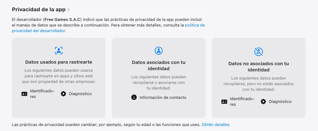 Privacidad declarada en la App Store: identificadores, diagnóstico e información de contacto